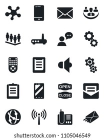 Set of vector isolated black icon - antenna vector, mobile phone, mail, team, clipboard, speaker, remote control, network, cell, radio, share, company, open close, router, gear
