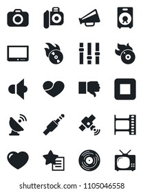 Set of vector isolated black icon - satellite antenna vector, film frame, vinyl, flame disk, camera, speaker, loudspeaker, settings, tv, finger down, favorites list, heart, stop button