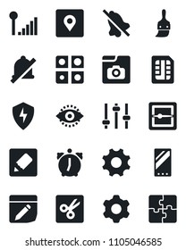 Set of vector isolated black icon - mobile vector, protect, settings, tuning, themes, alarm, scanner, sim, notes, mute, cut, place tag, eye id, photo gallery, cellular signal, application