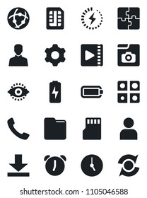 Set of vector isolated black icon - call vector, settings, user, clock, alarm, sd, sim, network, folder, download, eye id, video, photo gallery, battery, charge, application, update