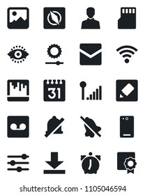 Set of vector isolated black icon - phone back vector, gallery, tuning, user, alarm, mail, record, scanner, sd, calendar, notes, download, wireless, mute, brightness, compass, eye id, sertificate