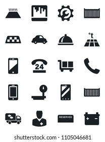 Set of vector isolated black icon - taxi vector, mobile phone, doctor, 24 hours, cargo container, car delivery, heavy scales, cell, call, scanner, root setup, moving, dish, reserved, warm floor
