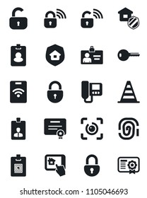 Set of vector isolated black icon - border cone vector, lock, identity card, eye id, key, estate insurance, wireless, intercome, home control app, pass, fingerprint, certificate