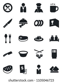 Set of vector isolated black icon - spoon and fork vector, coffee, waiter, cook, serviette, wine card, drink, plates, salt pepper, restaurant receipt, steak, bowl, knife, sushi