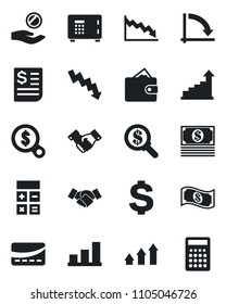 Set of vector isolated black icon - safe vector, handshake, growth statistic, dollar sign, calculator, crisis graph, receipt, bar, credit card, arrow up, wallet, money search, investment, cash