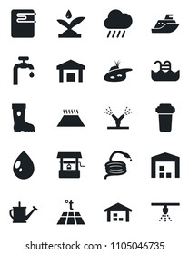 Set of vector isolated black icon - watering can vector, boot, water drop, rain, well, hose, sea shipping, warehouse, pond, pool, supply, irrigation, heater, filter, warm floor, sprinkler
