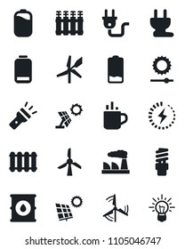 Set of vector isolated black icon - hot cup vector, factory, oil barrel, low battery, torch, brightness, charge, sun panel, windmill, power plug, radiator, energy saving bulb, idea