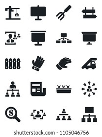 Set of vector isolated black icon - signpost vector, ladder car, hierarchy, presentation board, garden fork, glove, seedling, news, hr, fence, crane, money search