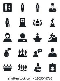 Set of vector isolated black icon - elevator vector, reception, medical room, manager, speaking man, pedestal, team, doctor, support, client, speaker, meeting, career ladder, pass card