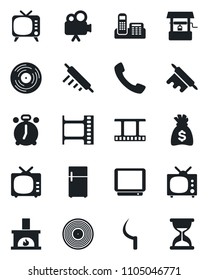 Set of vector isolated black icon - alarm clock vector, money bag, well, sickle, film frame, vinyl, tv, video camera, call, office phone, fireplace, rolling pin, fridge, sand