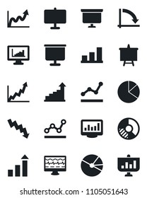 Set of vector isolated black icon - growth statistic vector, presentation board, crisis graph, circle chart, monitor pulse, statistics, bar, pie, point
