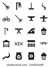 Set of vector isolated black icon - cafe vector, ladder car, rake, sickle, garden light, picnic table, fertilizer, bike, restaurant, alcove, outdoor lamp