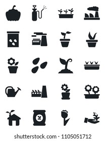 Set of vector isolated black icon - factory vector, flower in pot, seedling, watering can, sproute, pumpkin, seeds, garden sprayer, fertilizer, tulip, eco house, palm