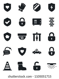 Set of vector isolated black icon - security gate vector, alarm car, border cone, safe, lock, glove, boot, hose, heart shield, traffic light, protect, home, surveillance, sprinkler