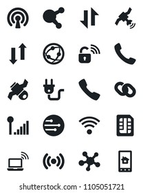 Set of vector isolated black icon - wireless notebook vector, satellite, network, share, chain, call, sim, data exchange, cellular signal, power plug, lock, home control app