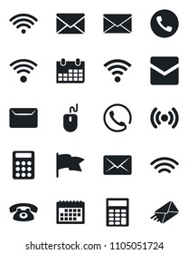 Set of vector isolated black icon - phone vector, mail, mouse, calendar, wireless, calculator, flag