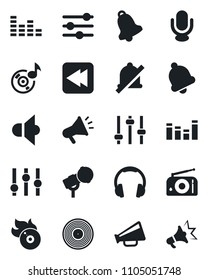 Set of vector isolated black icon - vinyl vector, flame disk, microphone, radio, speaker, loudspeaker, settings, equalizer, headphones, rewind, tuning, bell, mute, music, advertising