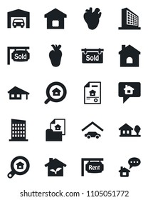 Set of vector isolated black icon - office building vector, house, real heart, with garage, tree, estate document, rent, sold signboard, search, smart home, city, eco, message