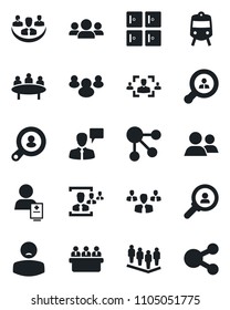 Set of vector isolated black icon - train vector, checkroom, speaking man, team, meeting, patient, group, company, hr, client search, consumer, social media
