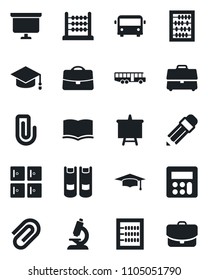 Set of vector isolated black icon - airport bus vector, checkroom, book, graduate, abacus, presentation board, microscope, calculator, case, paper clip, pencil