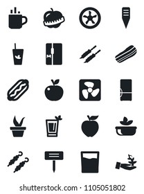 Set of vector isolated black icon - hot cup vector, seedling, plant label, diet, fridge, drink, phyto bar, salad, bacon, kebab, dog, apple fruit, fan, palm sproute