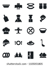 Set of vector isolated black icon - fridge vector, cook, restaurant table, serviette, cafe, hat, plates, waiter, salt and pepper, ladle, bowl, cutting board