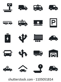 Set of vector isolated black icon - airport bus vector, parking, alarm car, ambulance, route, truck trailer, delivery, heavy scales, railroad, garage, battery