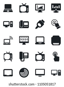 Set of vector isolated black icon - wireless notebook vector, radar, pc, statistic monitor, pulse, tv, touch screen, laptop, hdmi, statistics, intercome