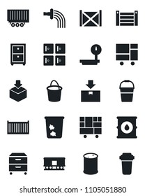 Set of vector isolated black icon - trash bin vector, checkroom, bucket, watering, truck trailer, cargo container, consolidated, package, oil barrel, heavy scales, railroad, archive box