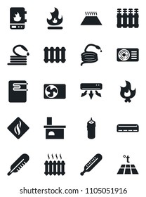 Set of vector isolated black icon - fire vector, hose, fireplace, thermometer, heater, air conditioner, candle, water, smoke detector, radiator, warm floor