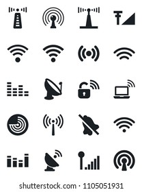 Set of vector isolated black icon - antenna vector, wireless notebook, radar, satellite, equalizer, mute, cellular signal, lock