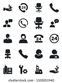 Set of vector isolated black icon - 24 around vector, office chair, hours, support, speaker, radio phone, call, root setup, palm sproute