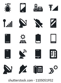 Set of vector isolated black icon - satellite antenna vector, mobile phone, virus, cell, low battery, back, sim, mute, cellular signal, office, sun panel