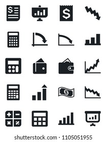 Set of vector isolated black icon - growth statistic vector, calculator, crisis graph, receipt, bar, wallet, cash, presentation