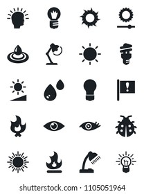 Set of vector isolated black icon - sun vector, bulb, lady bug, fire, eye, important flag, brightness, desk lamp, water, energy saving, shining head, idea