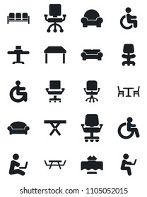 Set of vector isolated black icon - cafe vector, waiting area, disabled, office chair, picnic table, cushioned furniture, restaurant, man with notebook