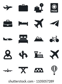 Set of vector isolated black icon - plane vector, taxi, passport, bed, luggage scales, airport building, case, picnic table, bike, route, navigation, mountains, bedroom, paper, air balloon