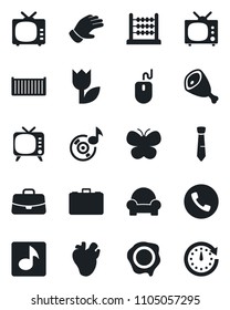 Set of vector isolated black icon - phone vector, case, mouse, stamp, glove, butterfly, real heart, cargo container, tulip, tv, music, abacus, tie, cushioned furniture, ham, clock