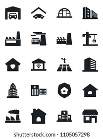 Set of vector isolated black icon - office building vector, factory, house, greenhouse, hospital, garage, sweet home, crane, estate insurance, warm floor, gate control, storefront