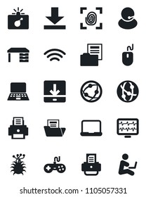 Set of vector isolated black icon - bomb in case vector, mouse, desk, notebook pc, printer, monitor pulse, virus, support, gamepad, network, download, wireless, document folder, fingerprint