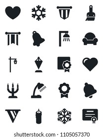 Set of vector isolated black icon - pennant vector, garden light, heart, themes, bell, sertificate, desk lamp, cushioned furniture, candle, snowflake, outdoor, pennon, certificate
