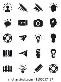 Set of vector isolated black icon - automatic door vector, brainstorm, bulb, camera, pencil, fence, rolling pin, energy saving, shining head, idea, paper plane, crisis management