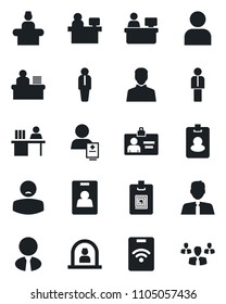 Set of vector isolated black icon - reception vector, manager, identity card, place, patient, user, desk, estate agent, pass, group