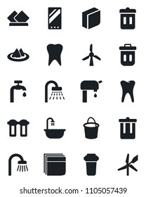 Set of vector isolated black icon - trash bin vector, shower, bucket, tooth, mobile, blank box, water supply, bathroom, serviette, filter, windmill