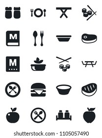 Set of vector isolated black icon - spoon and fork vector, picnic table, cafe, menu, salad, salt pepper, steak, hamburger, bowl, sushi, apple fruit
