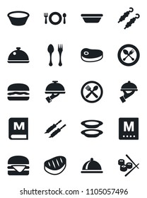 Set of vector isolated black icon - spoon and fork vector, dish, cafe, menu, plates, waiter, steak, kebab, hamburger, bowl, sushi