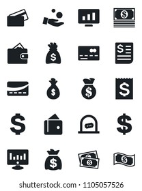 Set of vector isolated black icon - credit card vector, ticket office, dollar sign, money bag, statistic monitor, cash, receipt, wallet, investment