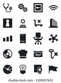 Set of vector isolated black icon - female vector, office building, circle chart, stethoscope, no trolley, hook, sorting, cell phone, share, scanner, wireless, sertificate, pie graph, rent, cook hat