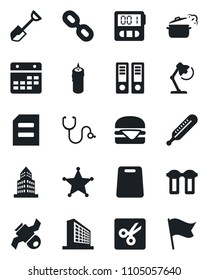 Set of vector isolated black icon - office building vector, binder, document, shovel, stethoscope, thermometer, satellite, chain, stopwatch, calendar, cut, desk lamp, candle, hamburger, steaming pan