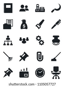 Set of vector isolated black icon - hierarchy vector, money bag, rake, saw, hoe, sickle, group, copybook, clock, drawing pin, paper clip, document folder, office phone, stamp, pen, mail, gear, chair